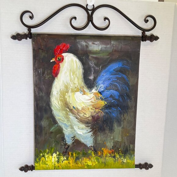 Hand-Painted Rooster Canvas Wall Painting Art with Decorative Metal Scroll Frame - Picture 2 of 10
